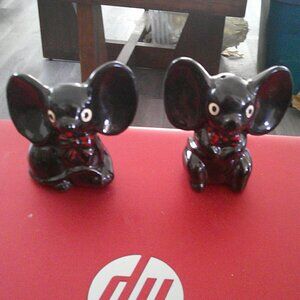 Redware Black Mice,Big Ears Red Bowties Salt & Pepper Shakers. Stoppers missing